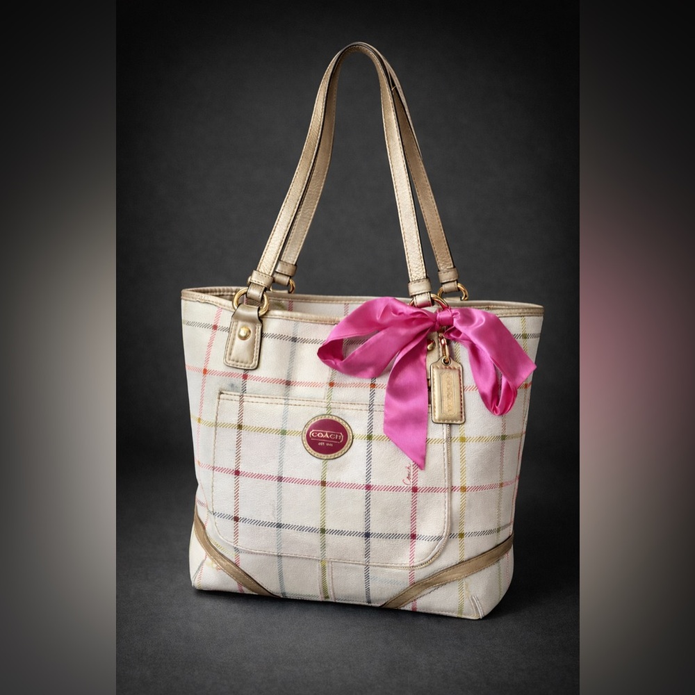 Coach White Plaid Tote with Gold Trim and Pink Bow
